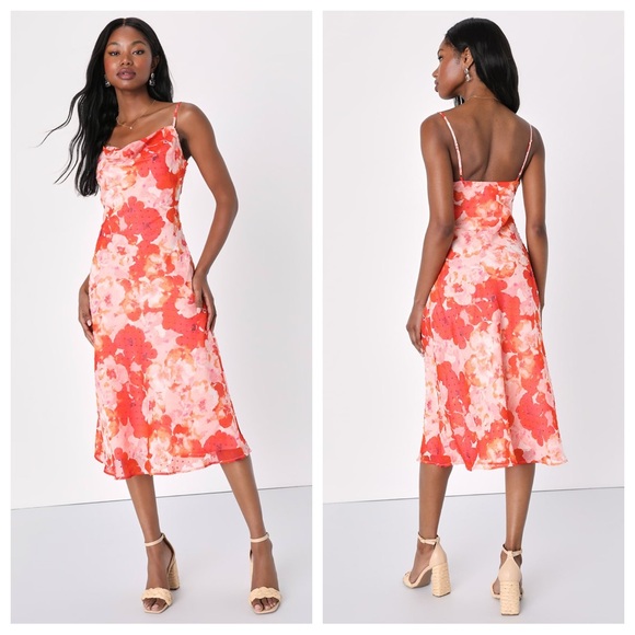 Lulus Fabulous Destiny Pink Floral Swiss Dot Cowl Neck Midi
Dress - Picture 1 of 5
